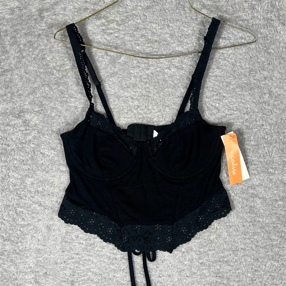 Colsie Black Ribbed Corset Top Eyelet Lace Trim Bustier Camisole Small NWT